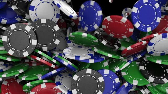 Bright poker chips fall from top to bottom, filling the transparent background. Slow motion. ProRes 4444