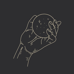 linear illustration of a female hand. witch's hand with tarot cards, magic divination ritual