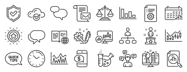Set of Education icons, such as Phone payment, Histogram, Confirmed icons. Chemistry lab, Mail letter, Creative design signs. Justice scales, Conversation messages, Candlestick chart. Time. Vector