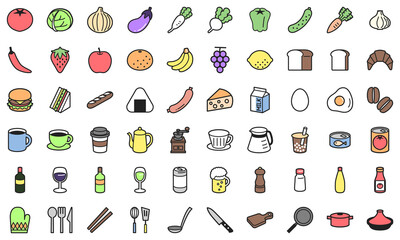 食べ物とキッチン用品のシンプルなアイコンセット