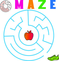 Circular maze with the solution with apple and shoe