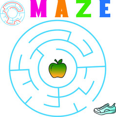 Circular maze with the solution with apple and shoe