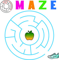 Circular maze with the solution with apple and shoe