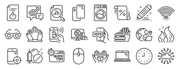 Set of Business icons, such as Seo phone, Washing machine, Online shopping icons. Outsource work, Analytics graph, Burger signs. Quick tips, Vote, Accounting. Bitcoin pay, Love glasses. Vector