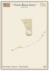 Map on an old playing card of Monroe county in Florida, USA.