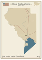 Map on an old playing card of Okeechobee county in Florida, USA.