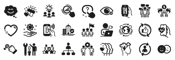 Set of People icons, such as Employees teamwork, Business idea, Smile chat icons. Heart, Employee hand, Person info signs. Security agency, Leadership, Global business. Question button. Vector