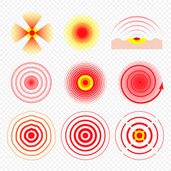 Pain circles, red indicators, targets, spots and round waves. Medical icons to illustrate health problems, disease focus. Set for pills packaging or advertising, instructions on how to take medication