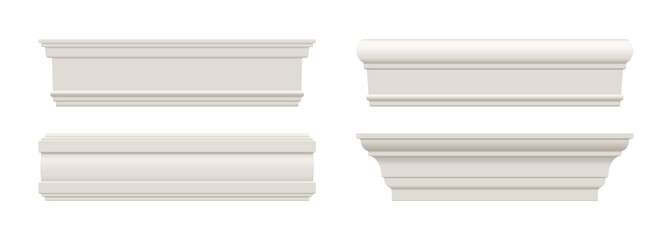 Set of white skirting baseboard moulding. Ceiling crown on white background. Plaster, wooden or styrofoam interior decor. Classic home design. Vector illustration. - obrazy, fototapety, plakaty
