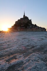 Mont saint michel architecture panoramic beautiful postcard view at Dusk in Summer Low Tide, France
