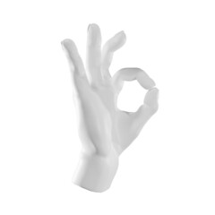 3D plaster sculpture of a hand showing OK gesture, well done icon, isolated on white background, 3D rendering
