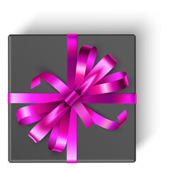 Gift box top view. Realistic black present with pink ribbon