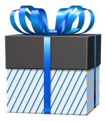Festive black gift box. Realistic blue stripe wrapping paper with decorative bow