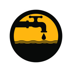 Faucet and water, black and yellow colors, round sign for design on a white background, vector illustration