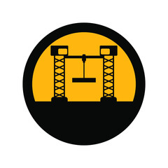 Industrial construction crane, black and yellow colors, round sign for design on a white background, vector illustration