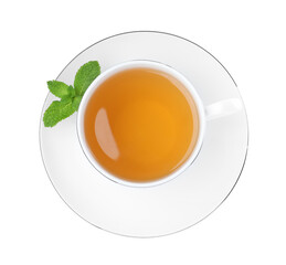Cup of aromatic green tea with fresh mint on white background, top view