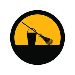 Cleaning bucket and broom, black and yellow colors, round sign for design on a white background, vector illustration