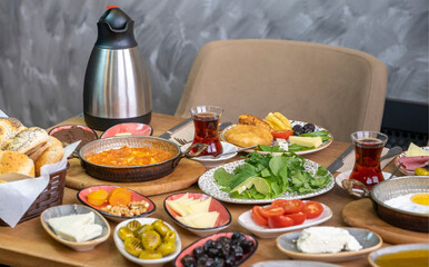 Breakfast table. Traditional Turkish Breakfast Table (Serpme Kahvaltı). Turkish style breakfast.