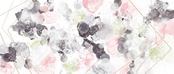 春のアルコールインクアートの抽象背景）白背景にシャボン玉とピンクと黄緑の波　金色のグリッター