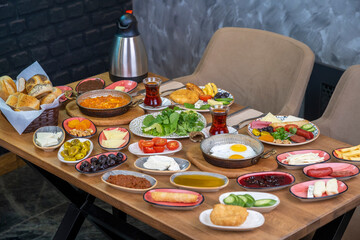 Breakfast table. Traditional Turkish Breakfast Table (Serpme Kahvaltı). Turkish style breakfast.