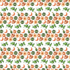 Watercolor seamless pattern with pumpkins and leaves