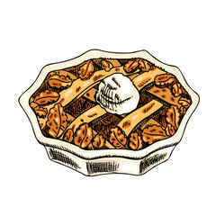 Apple pie hand-drawn vector illustration.  Traditional Thanksgiving and Christmas dinner crumble cake. Vector sketch illustration.