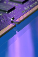 contacts of a microchip of random access memory close-up.