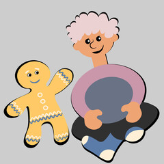 the boy sits cross-legged and smiles at the gingerbread man. Design element