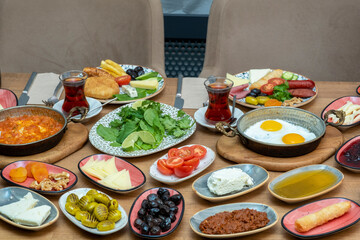 Breakfast table. Traditional Turkish Breakfast Table (Serpme Kahvaltı). Turkish style breakfast.