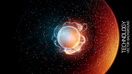 Abstract technological background. Vector image. Glowing bright plasma ball inside a transparent sphere. Plexus effect. Modern technology, energy and movement.. © vit_mar