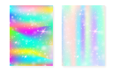 Naklejka na ściany i meble Rainbow background with kawaii princess gradient. Magic unicorn hologram.