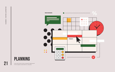 Working time planning concept. Organization of the work process in a flat style. Business planning on a chalkboard with plans. Vector illustration. - obrazy, fototapety, plakaty
