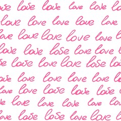 Vector seamless background. Doodle. The word love painted in pink on a white background