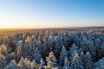 Aerial winter sunny frozen morning view of nature landscape