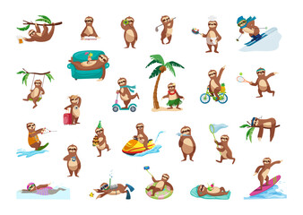 Collection of cartoon illustrations with sloth performing different actions. Colorful cute character.