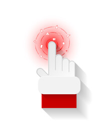 Santa Claus hand cursor, tapping on products, shopping online on mobile for christmas gifts.