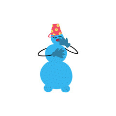 snowman with a bucket on his head and wearing gloves sends an air kiss. Hand drawn Illustration on white background