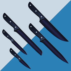 set of realistic kitchen knives isolated on white and blue, Vector illustration, chef knives, Cutlery icon set
