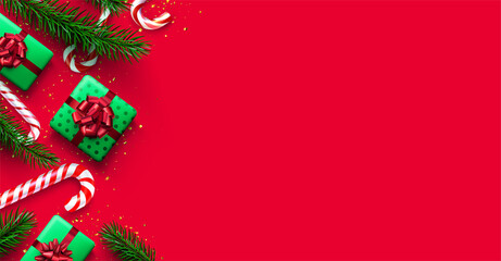 Red and white striped candy cane sticks with fir branches border.