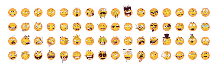 A set of classic round yellow smileys with crazy emotions. Funny, cute, horrible, creepy, freaky emoticons. Smiley memes for messengers. - obrazy, fototapety, plakaty