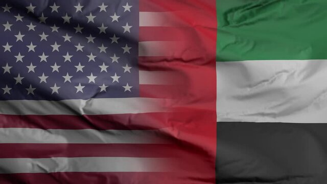 US and UAE flag seamless closeup waving animation. US and UAE Background. 3D render, 4k resolution