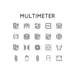 Set of vector icons on topic of a measuring device. Presented digital and analog multimeter, probes, processor, capacitor, transistor in simple style isolated on white background. Vector sign in