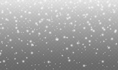 Realistic falling snow with snowflakes and clouds. Winter transparent background for Christmas or New Year card. Snow flakes, snow background. heavy snowfall, snowflakes in different shapes and forms.