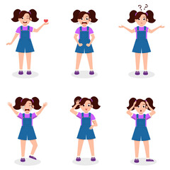 Fototapeta premium Vector cute little baby girl dressed. Little Girl Character Set. Kid child expression vector illustration set bundle