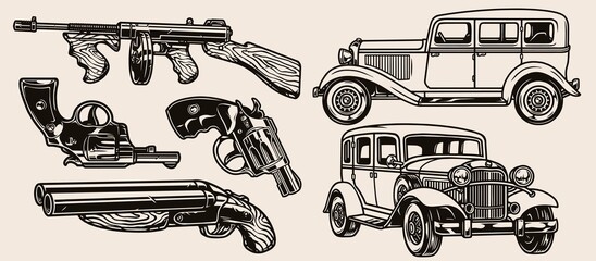 Mafia firearms and cars vintage composition - obrazy, fototapety, plakaty