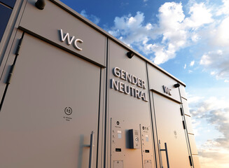 Gender neutral public toilet on a bright sunny day 3d render