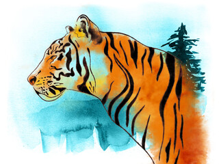 Fototapeta na wymiar Tiger head watercolor against the background of the turquoise sky and forest. Ready holiday postcard