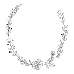 Floral Wreath branch in hand drawn style. Floral ellipse black and white frame of twigs, leaves and flowers. Frames for the Valentine's day, wedding decor, logo and identity template.