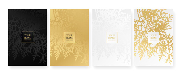 Luxury Corporate Holiday cards with Christmas tree.
Tropical cover design set with branchs branch. Holiday black and gold pattern for vector floral wedding party card, luxury menu template