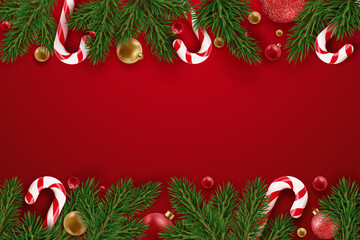 Realistic Christmas decor with pine branches, candy canes, golden and red balls. Christmas concept. New year card on red background